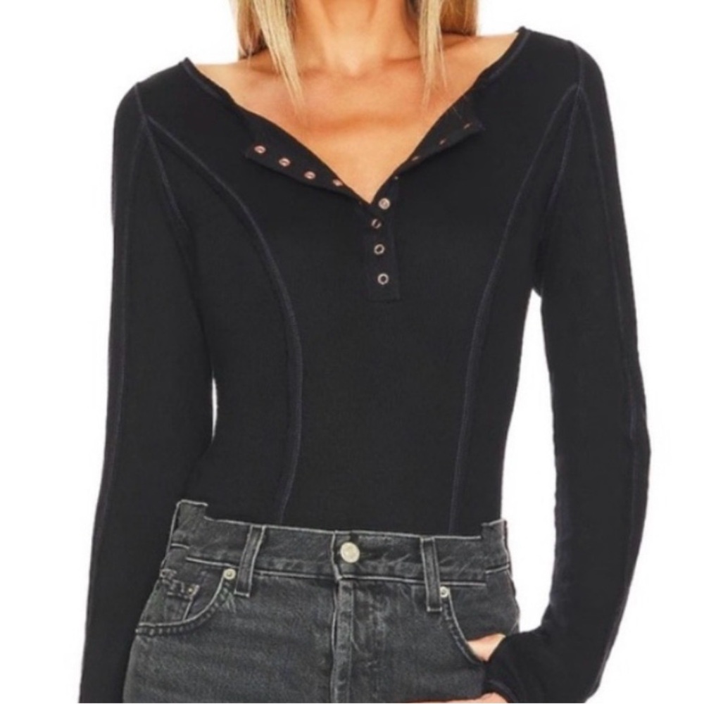 NWT Free People Intimately Indie Sloane Long Sleeve Henley Black bodysuit xs